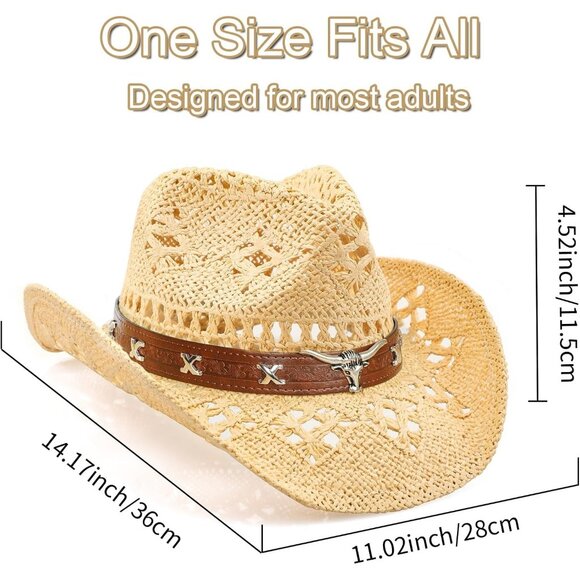 Women's Straw Wide with Shapeable Brim Cowboy Hat White/Beige + Brown Hat - Picture 2 of 6